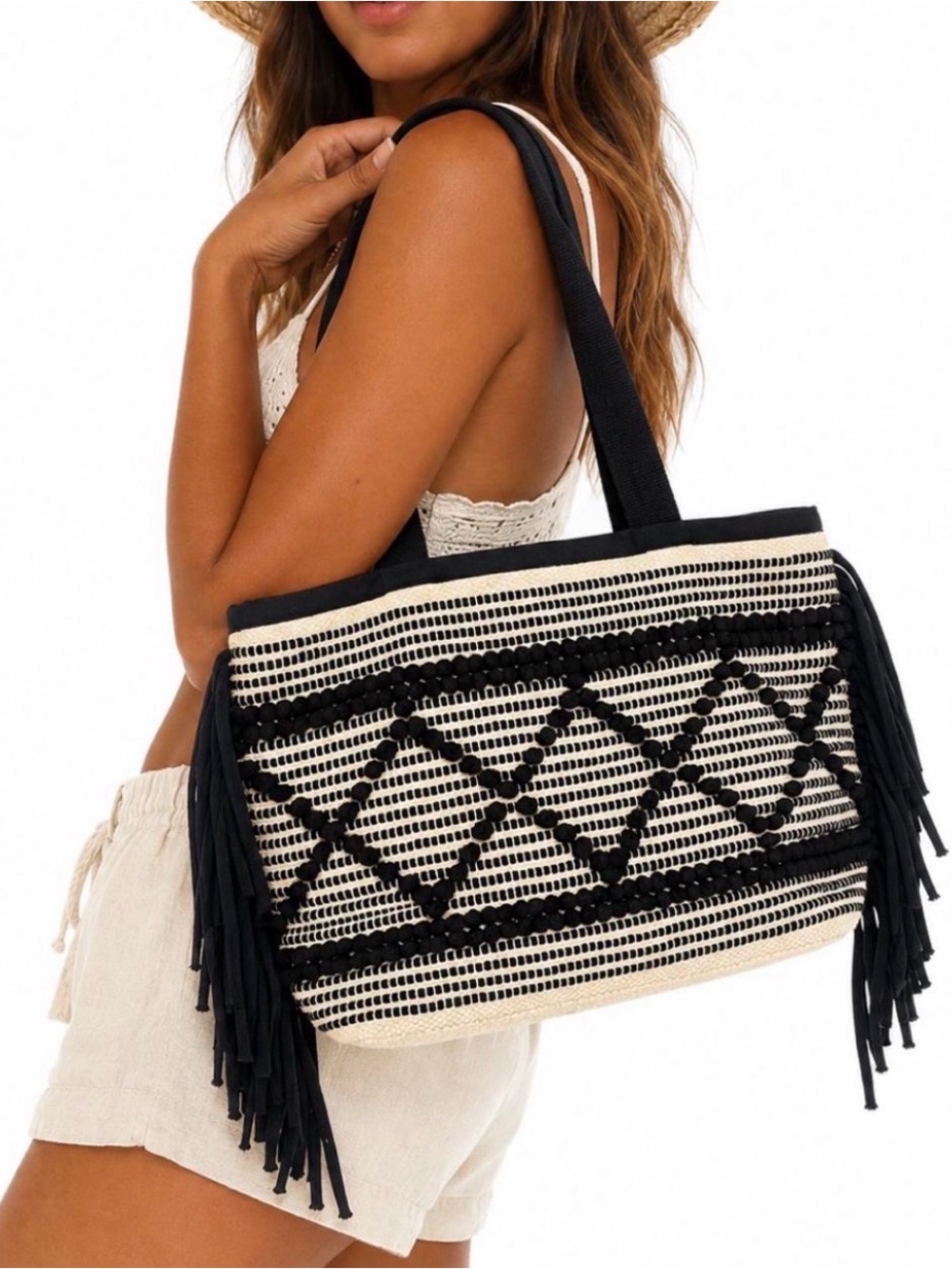 H&M Boho Jacquard Woven Fringe Shopper Tote